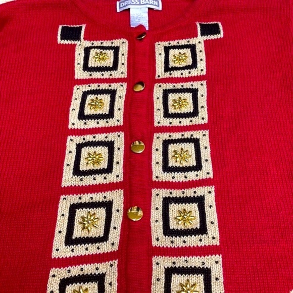 Vintage Red Knit Cardigan Geometric Squares Gold Button Front Retro Sweater M - Picture 5 of 10